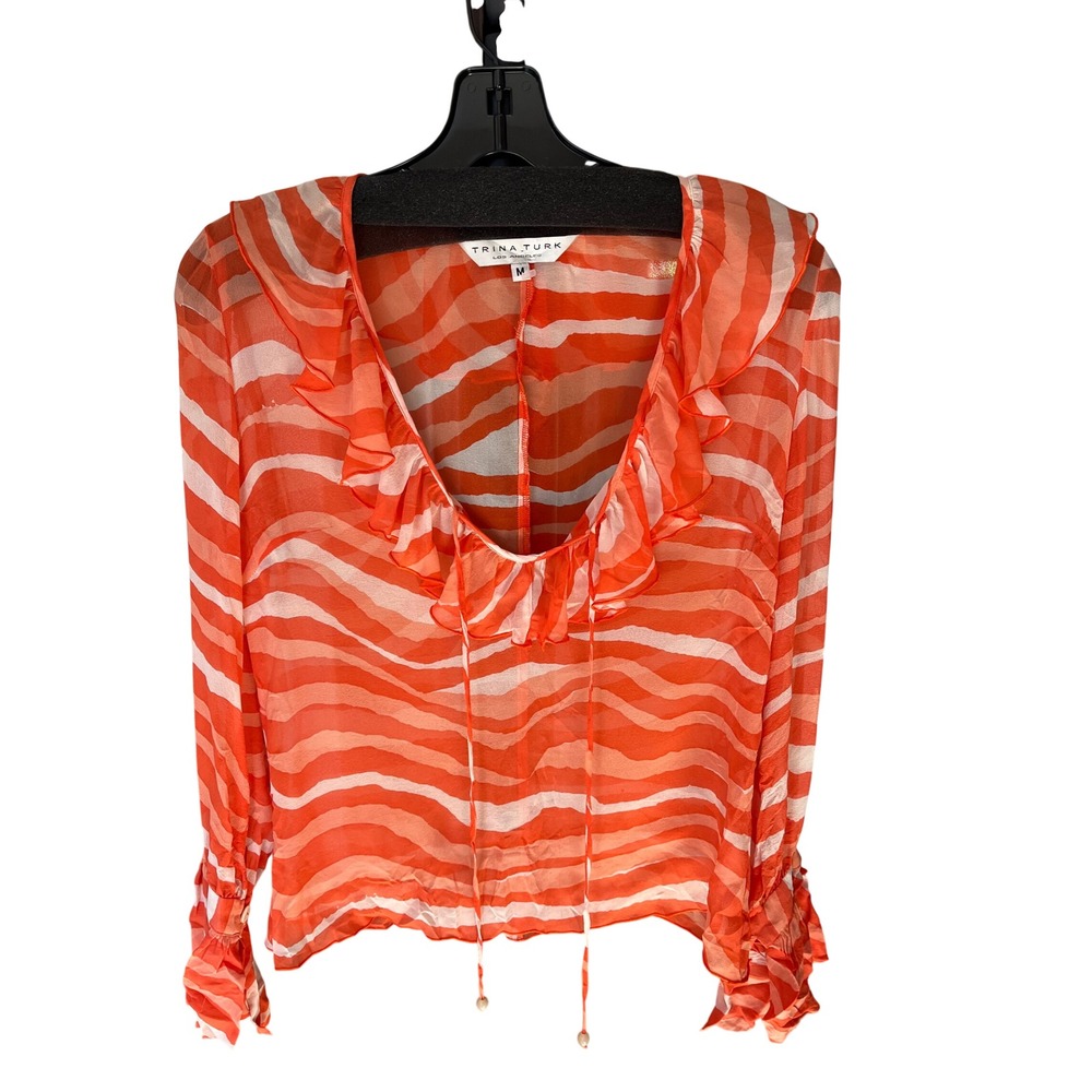 Trina Turk Orange White Zebra Print Ruffle V-Neck Tie Silk Blouse Medium